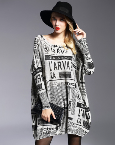 loose pullover printed newspaper long sweater bottoming sweater