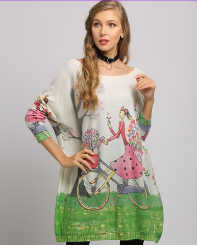 Loose Knitted Sweater Fat Sister Printed Bottom Wear a word neck pullover