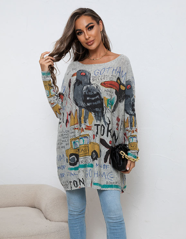 printed sweater long sleeve loose sweater for women's casual pullover