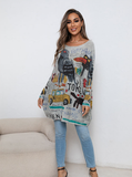 printed sweater long sleeve loose sweater for women's casual pullover