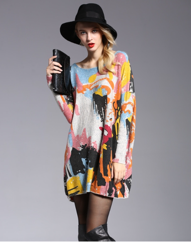 plus size knitted women's sweater loose graffiti printed pullover long sleeve sweater