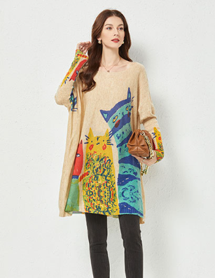fashion sweater simple European and American cat print loose sweater