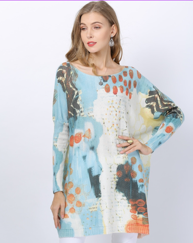 plus one-neck sweater women's loose print pullover long sweater