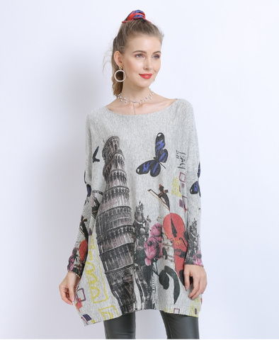 fashion butterfly print pullover knitted loose sweater