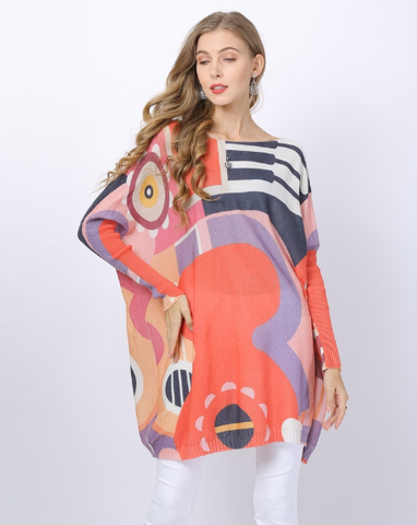 note printed long-sleeved pullover with one-neck