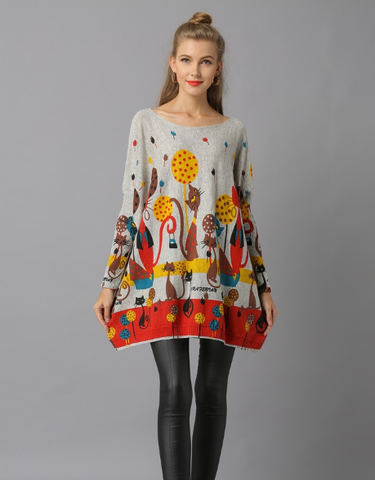 fat mm sweater cat print word collar loose pullover sweater