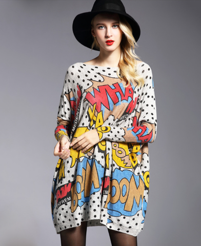 Fat mm plus size women's fashion print loose long-sleeved sweater