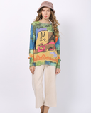 Long-sleeved T-shirt with round neck and animal print plus size knitted pullover