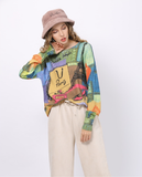 Long-sleeved T-shirt with round neck and animal print plus size knitted pullover