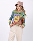 Long-sleeved T-shirt with round neck and animal print plus size knitted pullover