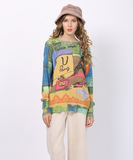 Long-sleeved T-shirt with round neck and animal print plus size knitted pullover