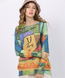 Long-sleeved T-shirt with round neck and animal print plus size knitted pullover