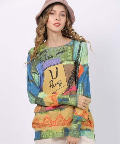 Long-sleeved T-shirt with round neck and animal print plus size knitted pullover