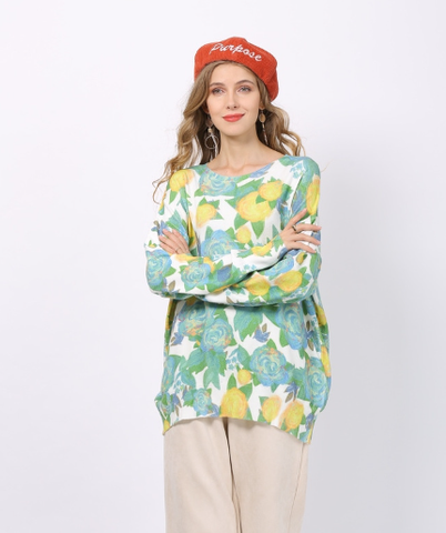 sweet rose printed sweater round neck loose sweater