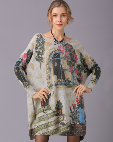 New Long Sleeve Printed Loose Retro Knitwear