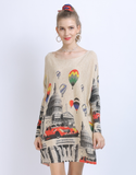 New Knitted Long Sleeve Loose Balloon Printed Sweater with I-neck
