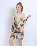 New Knitted Long Sleeve Loose Balloon Printed Sweater with I-neck