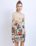 New Knitted Long Sleeve Loose Balloon Printed Sweater with I-neck