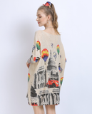 New Knitted Long Sleeve Loose Balloon Printed Sweater with I-neck