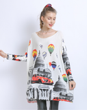 New Knitted Long Sleeve Loose Balloon Printed Sweater with I-neck