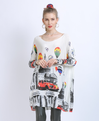 New Knitted Long Sleeve Loose Balloon Printed Sweater with I-neck