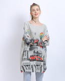 New Knitted Long Sleeve Loose Balloon Printed Sweater with I-neck