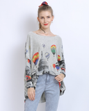 New Knitted Long Sleeve Loose Balloon Printed Sweater with I-neck