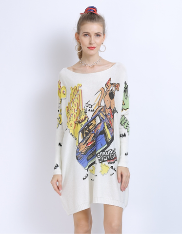 New Long Sleeve Dog Printed Plus Size Sweater Long Knitwear