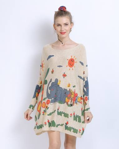 new women's sweater elephant print pullover sweater