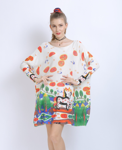 new plus-size cartoon printed bat sleeve sweater