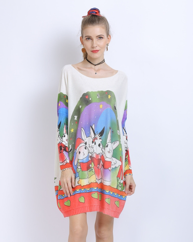 plus size sweater ladies one-word collar rabbit print sweater