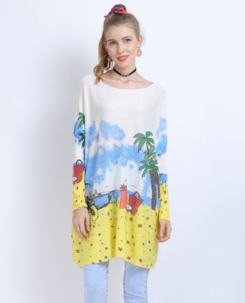 word collar loose long sleeve Joker seaside scenery printed sweater