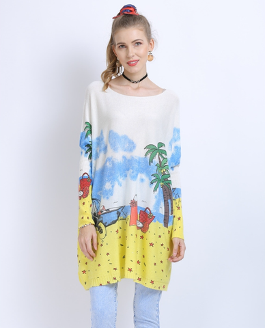 word collar loose long sleeve Joker seaside scenery printed sweater