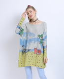 word collar loose long sleeve Joker seaside scenery printed sweater