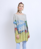 word collar loose long sleeve Joker seaside scenery printed sweater