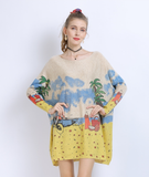 word collar loose long sleeve Joker seaside scenery printed sweater