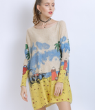 word collar loose long sleeve Joker seaside scenery printed sweater