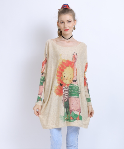 casual cartoon animal print knitted pullover top