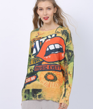 fashion mouth print pullover long sleeve long sweater