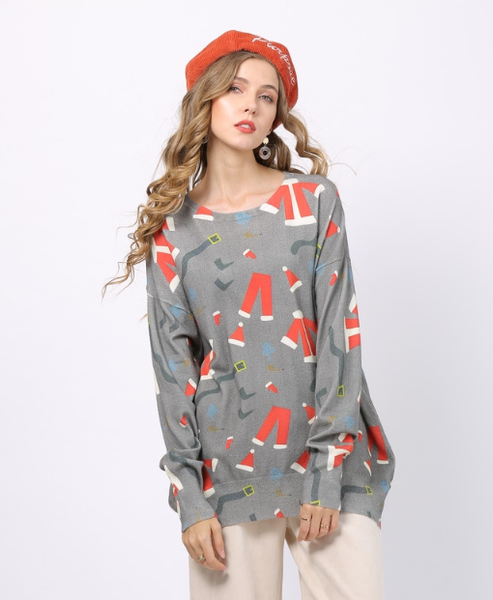 new printed round neck long sleeve pullover sweater
