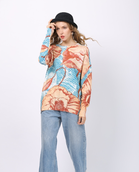 digital printing pullover knitted round neck long sweater
