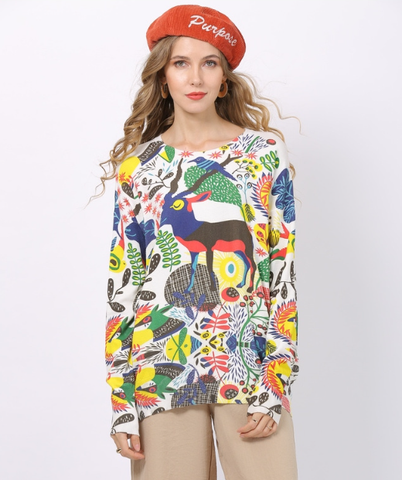 Digital Printed Elk Round Neck Long Sleeve Knitwear