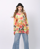 fashion pink flower print sweater loose sweater