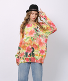 fashion pink flower print sweater loose sweater