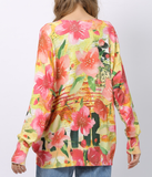 fashion pink flower print sweater loose sweater