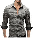 Long Sleeve Pure Cotton Designer Shirt for Men Denim Blue Slim Fit Chest Pocket