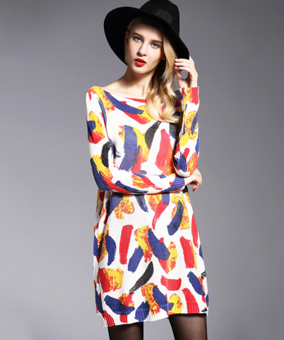 Fat mm printed sweater women's long sweater with one collar