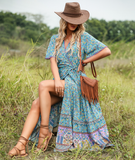 Bohemian pendulum V-neck beach holiday lace-up printed dress