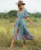 Bohemian pendulum V-neck beach holiday lace-up printed dress