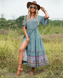 Bohemian pendulum V-neck beach holiday lace-up printed dress